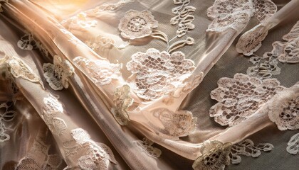beige floral lace fabric draped texture sunlight and shadows