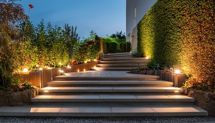landscaped garden with concrete stairs and decorative illumination
