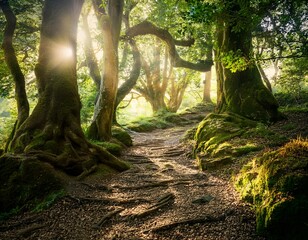 sunlit forest path mystical woodland scene with ancient trees