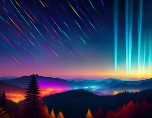 beautiful colorful light pillars at night over the mountains