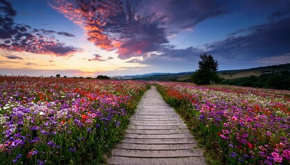 pathway through flower field at dusk