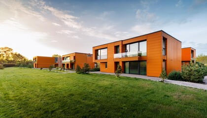 modern orange houses with large windows and green landscape
