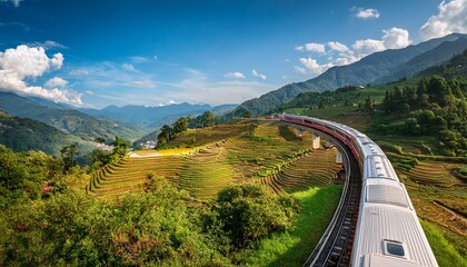 high speed train rice terraces mountain scenery landscape travel journey