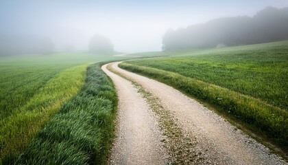 winding path through foggy field grass gravel road nature photography