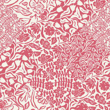 Monochrome red brush strokes inky flowers quilting seamless pattern. Abstract floral patchwork background