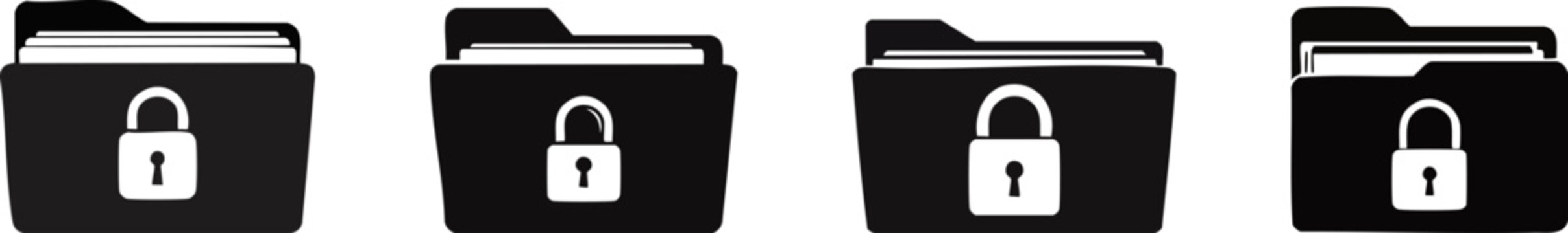 Personal Data and Privacy Protection. Four black folder icons with white padlocks, symbolizing secured or locked digital files.