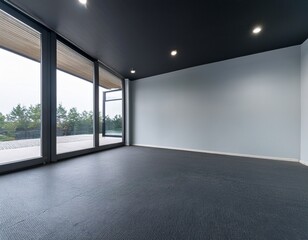 minimalist modern empty room with large windows and grey floor
