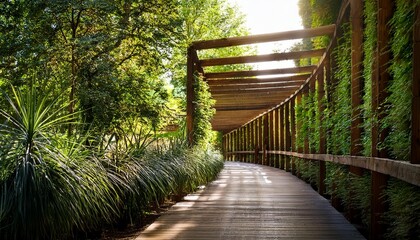 sunlit green architecture pathway lush plants wooden structure high resolution image