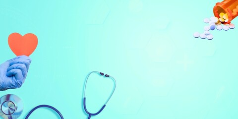 Healthcare background with heart symbol, stethoscope and pills.

