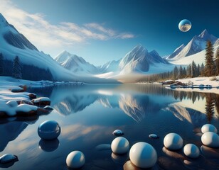serene spheres and snowy mountains peaceful landscape with reflective lake