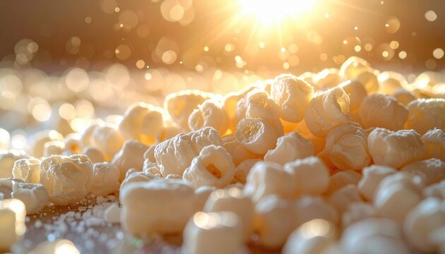 FlyPro Firefly compostable packaging peanuts scattered on a plain surface, captured in a photorealistic DSLR style with bright studio lighting.