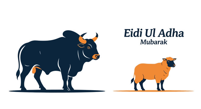 Celebratory Eid Ul Adha illustration featuring cow and sheep in a minimalist design with text 'Eidi Ul Adha Mubarak'