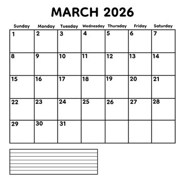 Modern March 2026 calendar template featuring a clean black outline grid and minimalist layout isolated on transparent background. Includes Sunday start format and lined notes section. 