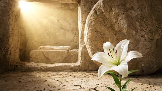 Empty jesus tomb with burial cloths and a rolled-away stone, a white easter lily blooming from cracked ground in dappled light, symbolizing resurrection, hope, and new life