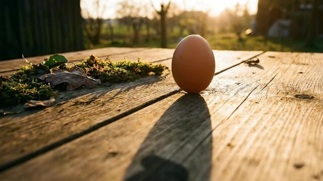 Single brown egg standing upright on a rustic wooden plank table, casting a long shadow during golden hour with soft sunlight illuminating the mossy surface