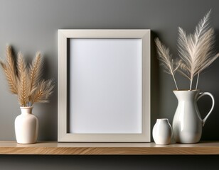 elegant white frame and decor on wooden shelf against gray wall