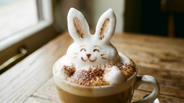 Foam art bunny face creating a cheerful coffee drink, sitting next to a croissant on a vintage wooden table in a cafe, perfect for a cozy morning breakfast