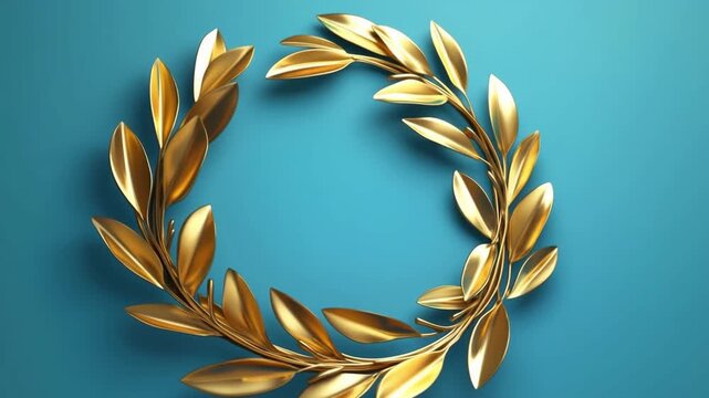 Golden laurel wreath rotating on turquoise background with gleaming leaves