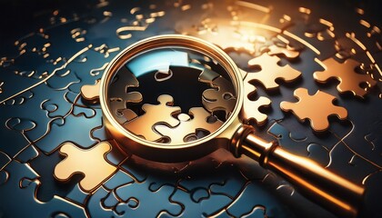 golden magnifying glass on dark jigsaw puzzle missing piece problem solving concept