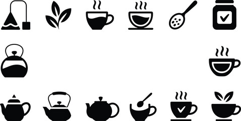 Tea and coffee icon set, kettle cup leaf spoon symbols, hot drink beverage silhouette vector collection isolated