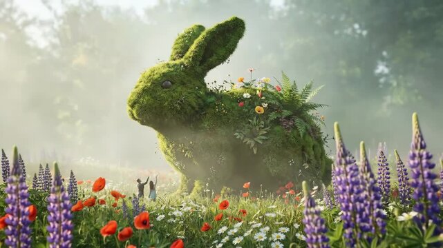 Giant moss rabbit topiary in a lush wildflower meadow creates a surreal, whimsical garden scene as two small figures explore the oversized living sculpture in spring sunlight
