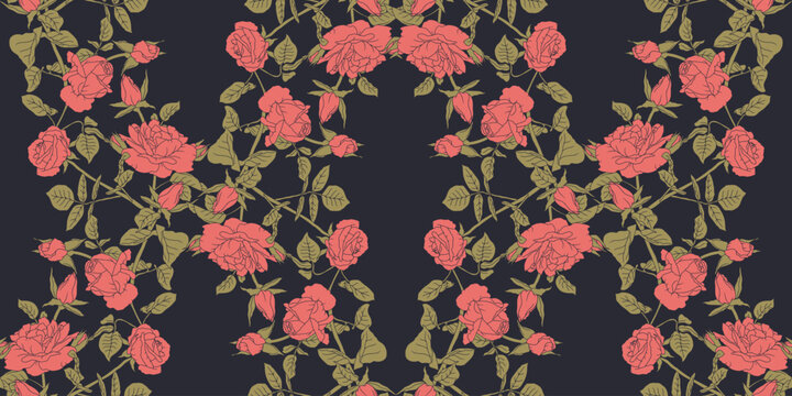 Vintage bohemian seamless pattern with hand drawn pink rose flowers on dark blue background