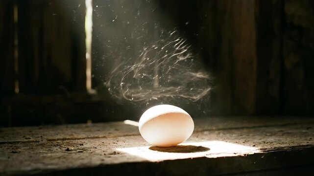 Eggshell reflecting a strong ray of light entering a dark, rustic barn through a narrow opening, illuminating the dusty wooden surface and symbolizing concepts of hope and new beginnings