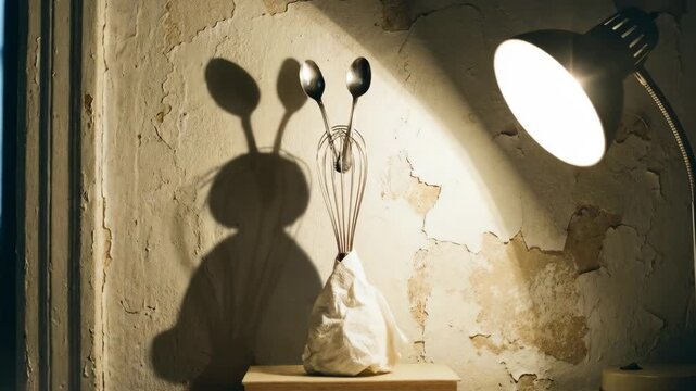 Kitchen utensils &mdash; whisk and spoons &mdash; cast a playful rabbit shadow puppet on a textured peeling wall, lit by a table lamp, blending domestic objects with imaginative whimsy