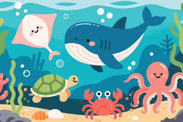 Obraz premium Friendly blue whale with stingray, turtle, crab, and octopus in playful underwater cartoon illustration, vibrant ocean scene with coral, seaweed, and bubbles.