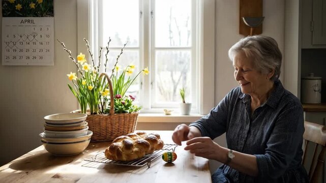 Elderly woman decorating a colorful easter egg at a sunlit kitchen table with braided bread, daffodils, pussy willow branches and an april calendar, preparing for the holiday season
