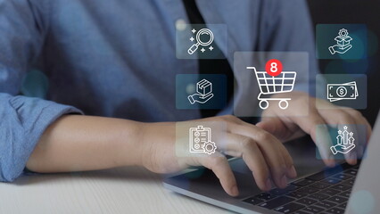 Business professional shopping online on laptop with virtual ecommerce icons, digital payment, order management, delivery service, customer experience and online retail technology concept.