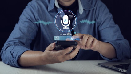 Business professional using smartphone with AI voice assistant interface, artificial intelligence speech recognition, virtual assistant technology, voice search and smart mobile innovation concept.