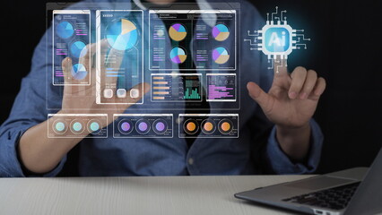 Business professional analyzing AI data dashboard with virtual interface, artificial intelligence analytics, big data visualization, machine learning automation 