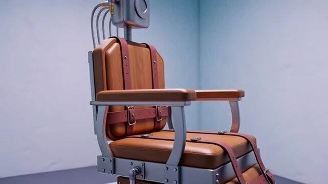 Cinematic view of an electric chair in a dimly lit execution chamber with leather straps and metal frame