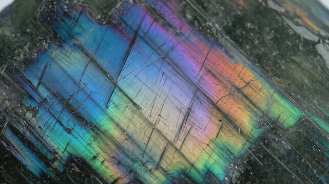 Iridescent Mineral Surface Extreme macro close-up of a naturally occurring iridescent mineral like bismuth, labradorite, or opal, showcasing pronounced thin-film interference and a gentle shimmer as