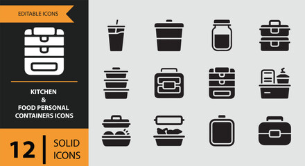 Solid kitchen and food personal containers icons for storage organization