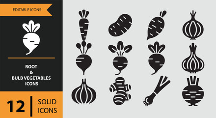 Solid root and bulb vegetables icons for farm produce and grocery branding