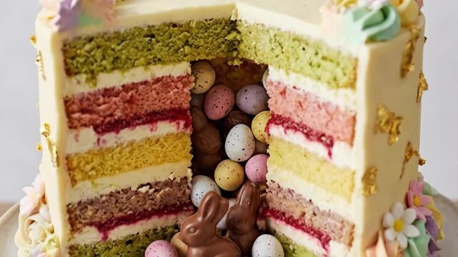 Layered easter pinata cake standing on a ceramic cake stand, featuring pastel frosting, colorful sponge layers, and small chocolate eggs with bunnies spilling from inside a cut section