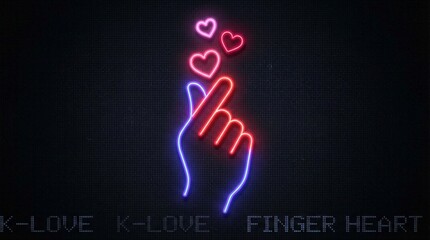 Obraz premium Neon hand heart gesture with tech background