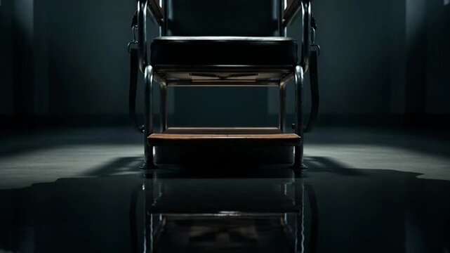 Cinematic shot of an electric chair in a dimly lit execution chamber with dramatic shadows and intense atmosphere