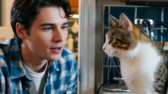 A young man interacts with a tabby cat in a cozy kitchen setting. The atmosphere is warm and welcoming, highlighting companionship