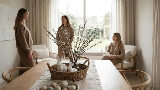 Three friends gathering in a scandinavian style dining room decorated for easter, featuring pussy willow branches, ceramic rabbits, and pastel eggs on a minimalist wood table