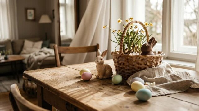 Decorated wooden table featuring a cute bunny figurine, colorful pastel easter eggs, and a woven basket filled with daffodils and a chocolate bunny, creating a festive spring atmosphere