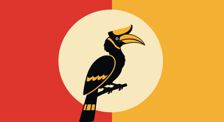 Stylized Hornbill Bird Silhouette on Split Red and Yellow Background © anindya