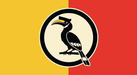 Stylized Hornbill Bird Emblem on Red and Yellow Background © anindya