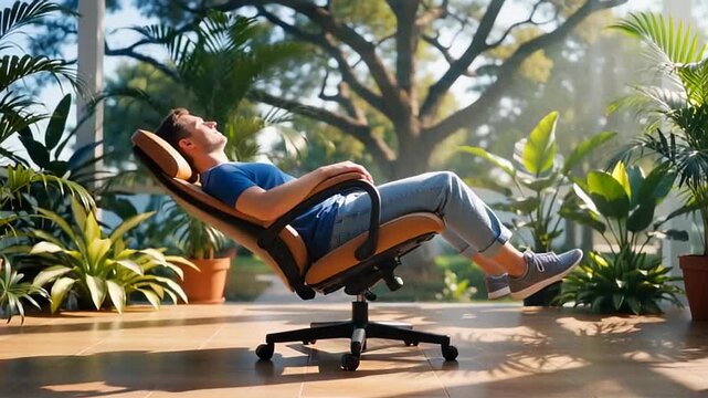 A young man relaxing in an ergonomic chair surrounded by lush indoor plants, basking in natural sunlight with a serene atmosphere