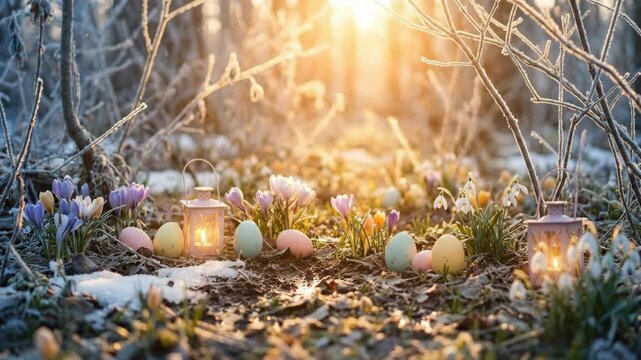 Colorful easter eggs and glowing lanterns on melting snow amid crocuses and snowdrops, warm golden sunrise filtering through frosted trees in a tranquil forest waking to spring
