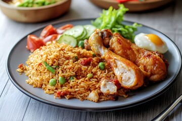 Fototapeta premium Indonesian Nasi Goreng with Fried Chicken and Egg rice