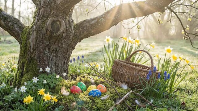 Colorful easter eggs and a rustic wicker basket are sitting on moss at the base of an old tree, surrounded by blooming daffodils and other spring flowers in a misty garden