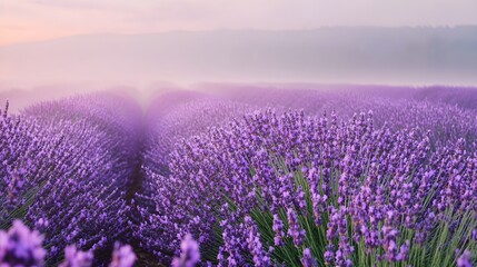 Obraz premium Lavender field in bloom with soft morning mist purple